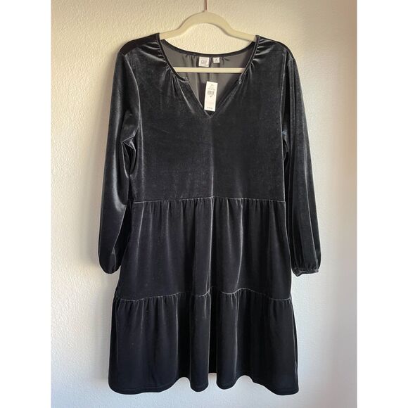 NWT Gap Women's Velvet Tiered Mini Dress with 3/4 Sleeves in Black Size M - Picture 4 of 11